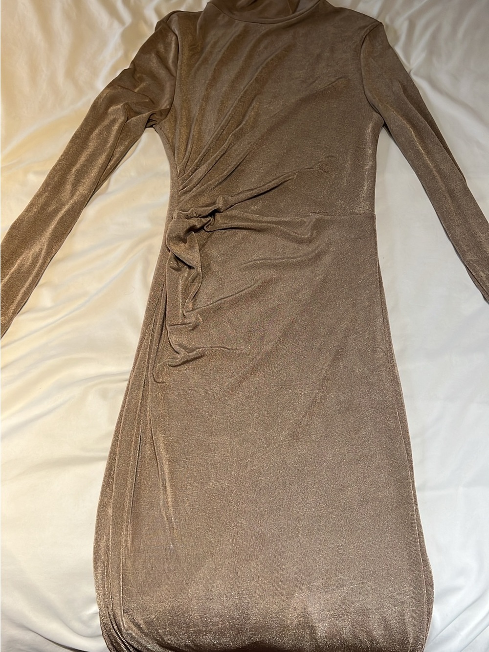 SHEIN Shimmery Brown Long Sleeve Turtleneck Ruched Dress